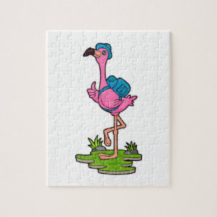 Flamingo as Hiker with Backpack Jigsaw Puzzle