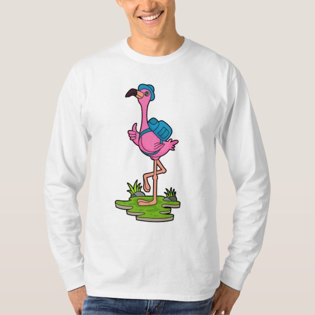 Flamingo as Hiker with Backpack T-Shirt (Front)
