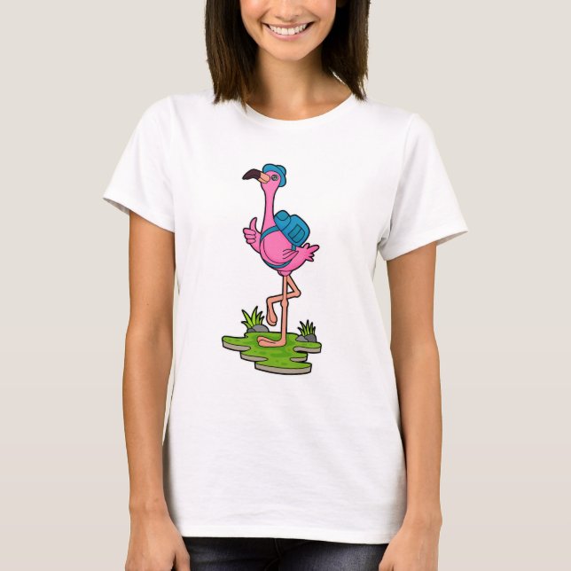 Flamingo as Hiker with Backpack T-Shirt (Front)