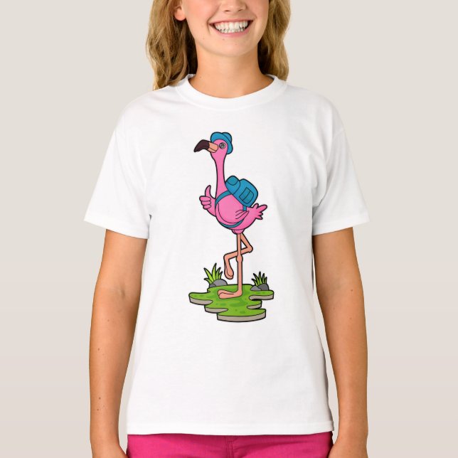 Flamingo as Hiker with Backpack T-Shirt (Front)