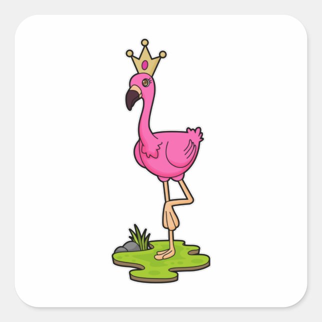 Flamingo as Princess with Crown Square Sticker (Front)
