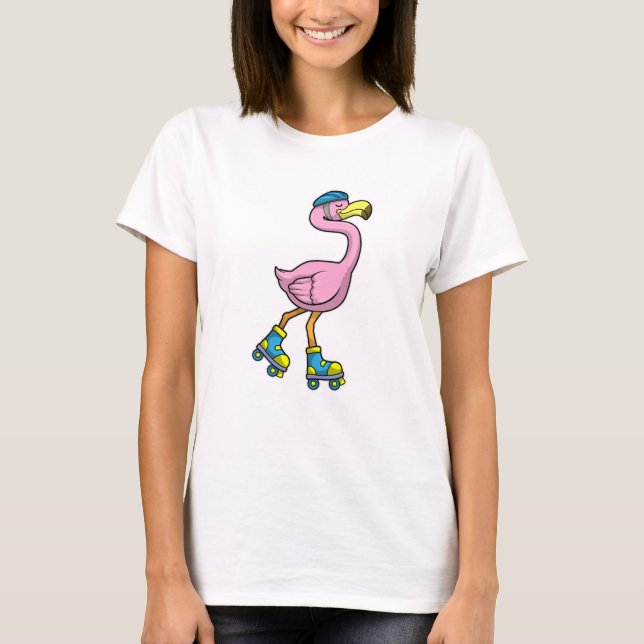 Flamingo as Skater with Inline skates & Helmet T-Shirt (Front)