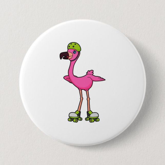 Flamingo as Skater with Roller skates & Helmet 7.5 Cm Round Badge (Front)