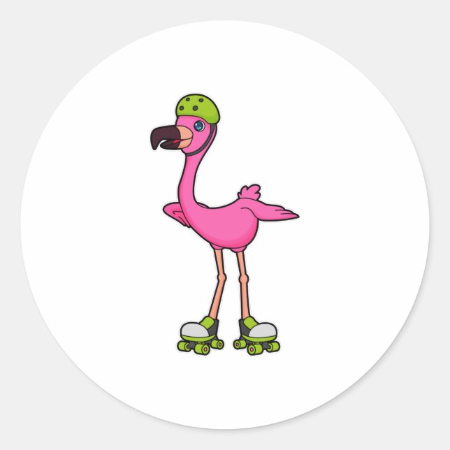 Flamingo as Skater with Roller skates & Helmet Classic Round Sticker (Front)