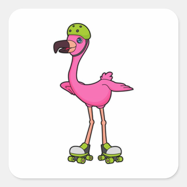 Flamingo as Skater with Roller skates & Helmet Square Sticker (Front)