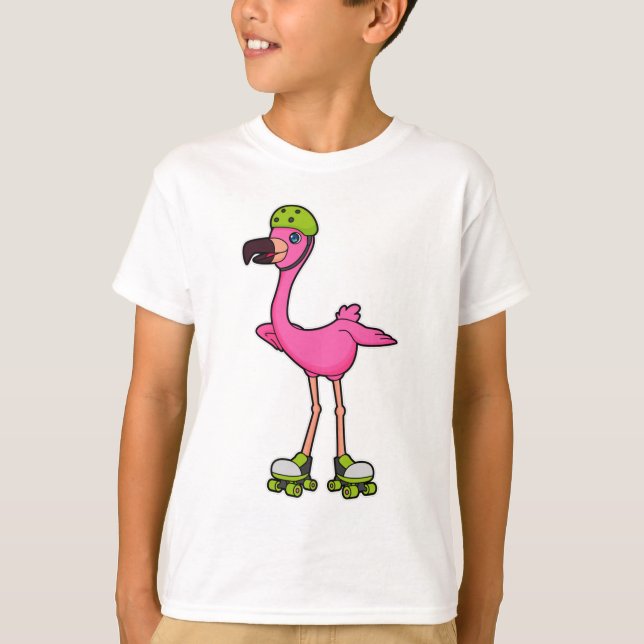 Flamingo as Skater with Roller skates & Helmet T-Shirt (Front)