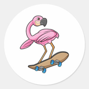 Flamingo as Skater with Skateboard Classic Round Sticker