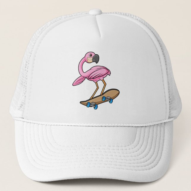 Flamingo as Skater with Skateboard Trucker Hat (Front)