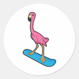 Flamingo as Snowboarder with Snowbaord Classic Round Sticker