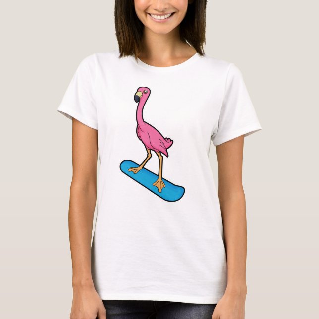 Flamingo as Snowboarder with Snowbaord T-Shirt (Front)