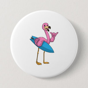 Flamingo as Surfer with Surfboard 7.5 Cm Round Badge