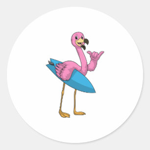 Flamingo as Surfer with Surfboard Classic Round Sticker