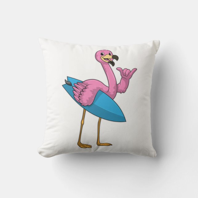 Flamingo as Surfer with Surfboard Cushion (Front)