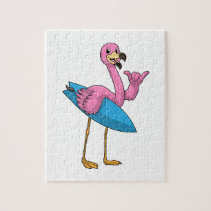 Flamingo as Surfer with Surfboard Jigsaw Puzzle