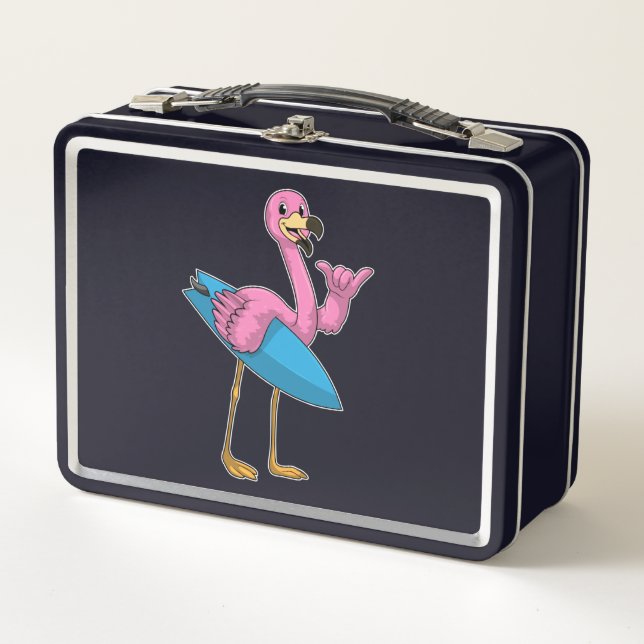 Flamingo as Surfer with Surfboard Metal Lunch Box (Front)