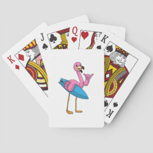 Flamingo as Surfer with Surfboard Playing Cards