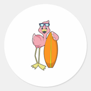 Flamingo as Surfer with Surfboard.PNG Classic Round Sticker