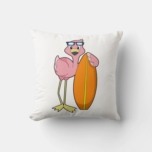 Flamingo as Surfer with Surfboard.PNG Cushion (Front)