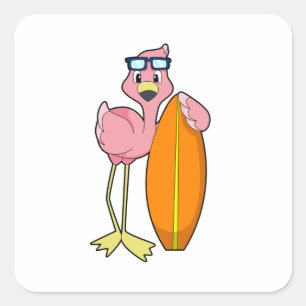 Flamingo as Surfer with Surfboard.PNG Square Sticker