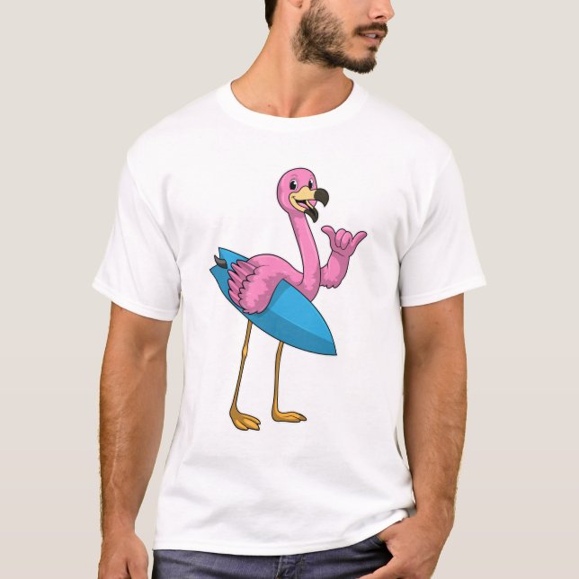Flamingo as Surfer with Surfboard T-Shirt (Front)