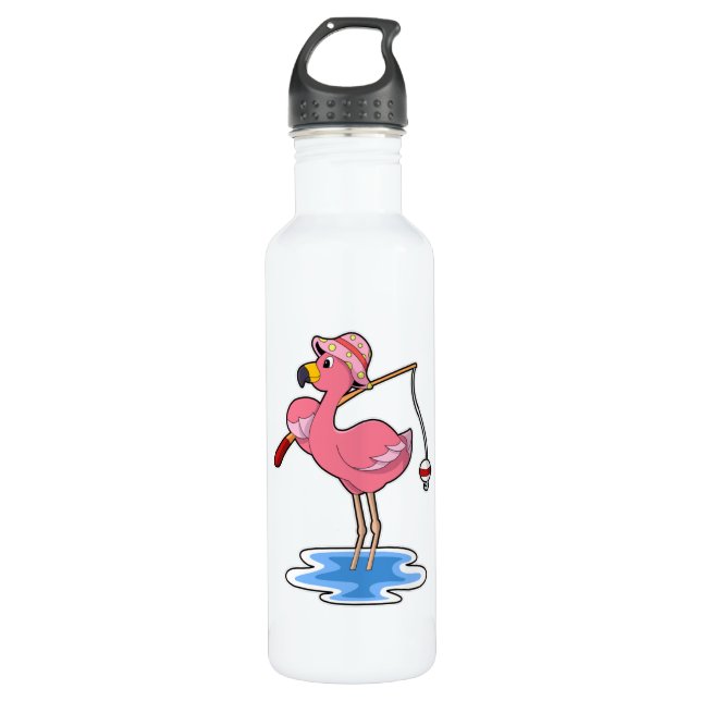 Flamingo at Fishing with Fishing rod 710 Ml Water Bottle (Front)