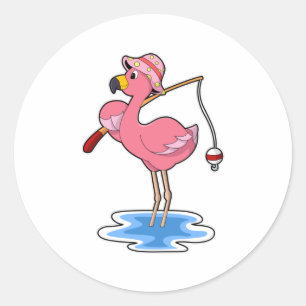 Flamingo at Fishing with Fishing rod Classic Round Sticker