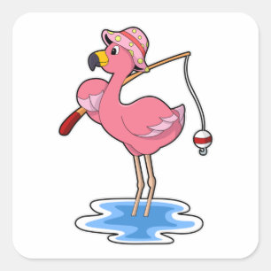 Flamingo at Fishing with Fishing rod Square Sticker