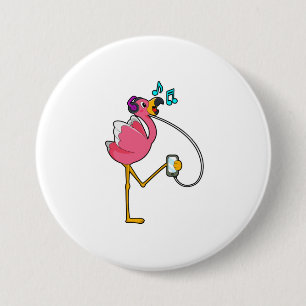 Flamingo at Music with Headphone 7.5 Cm Round Badge
