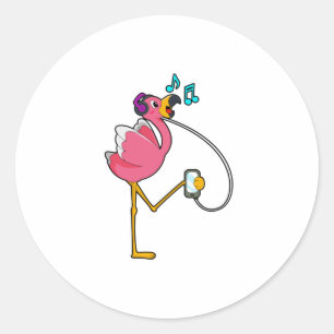 Flamingo at Music with Headphone Classic Round Sticker
