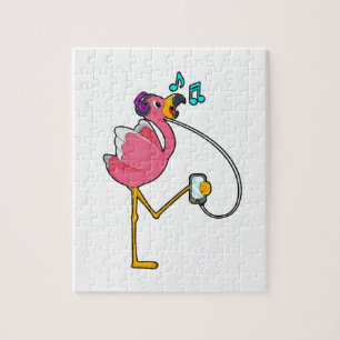 Flamingo at Music with Headphone Jigsaw Puzzle