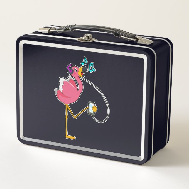 Flamingo at Music with Headphone Metal Lunch Box (Front)
