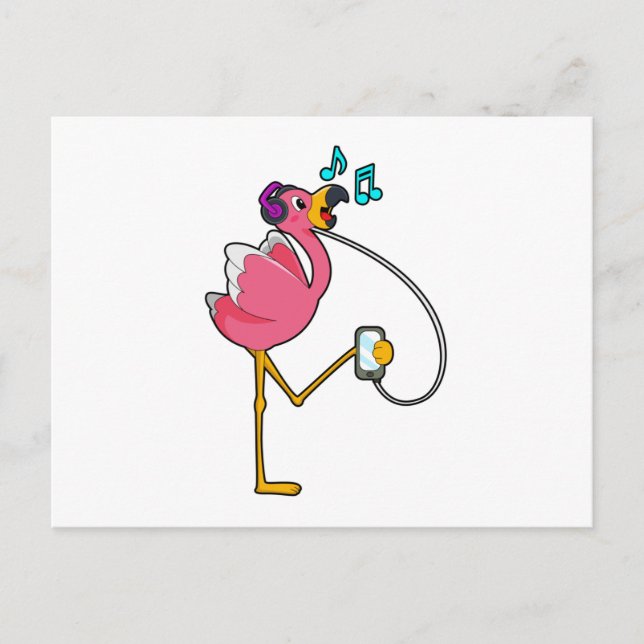 Flamingo at Music with Headphone Postcard (Front)