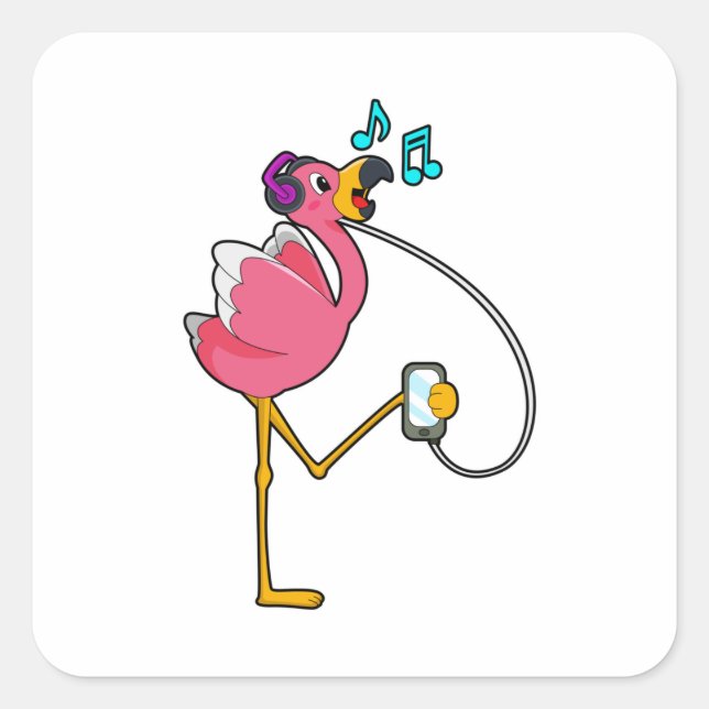 Flamingo at Music with Headphone Square Sticker (Front)