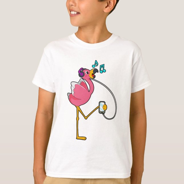 Flamingo at Music with Headphone T-Shirt (Front)