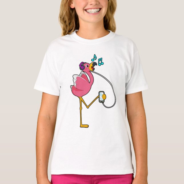Flamingo at Music with Headphone T-Shirt (Front)