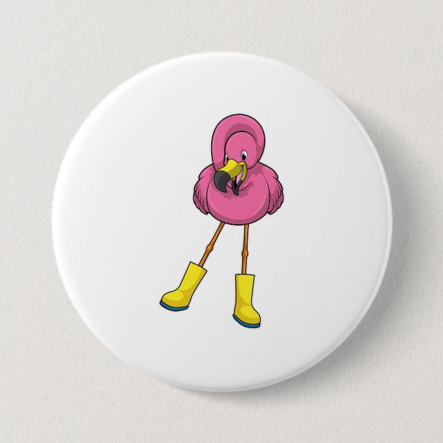 Flamingo at Raining with Rubber boots 7.5 Cm Round Badge (Front)