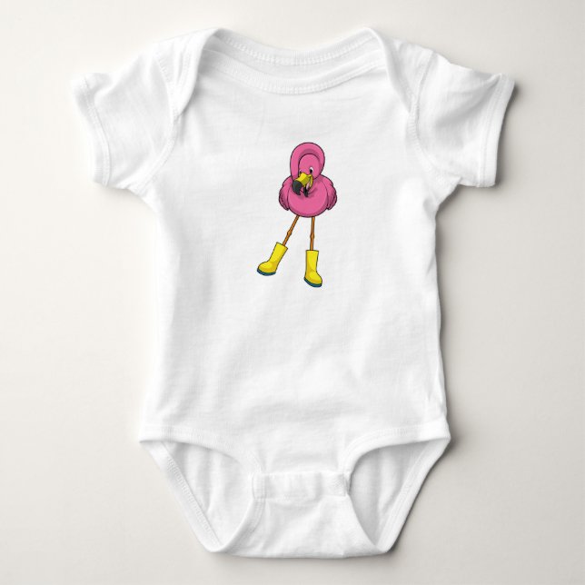 Flamingo at Raining with Rubber boots Baby Bodysuit (Front)