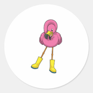 Flamingo at Raining with Rubber boots Classic Round Sticker