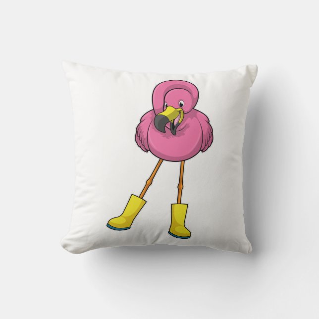 Flamingo at Raining with Rubber boots Cushion (Front)