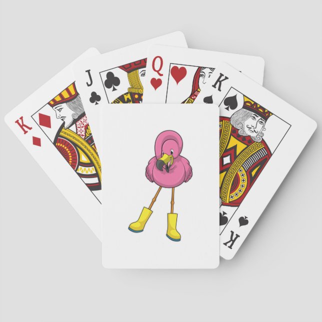 Flamingo at Raining with Rubber boots Playing Cards (Back)