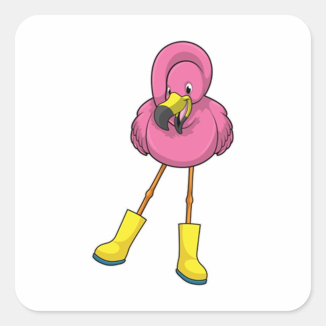 Flamingo at Raining with Rubber boots Square Sticker (Front)