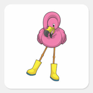 Flamingo at Raining with Rubber boots Square Sticker