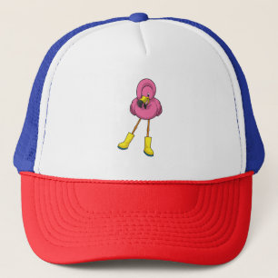 Flamingo at Raining with Rubber boots Trucker Hat