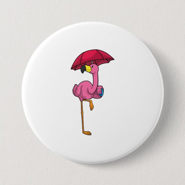 Flamingo at Raining with Umbrella 7.5 Cm Round Badge (Front)