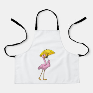 Flamingo at Raining with Umbrella Apron