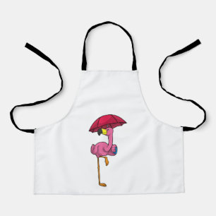 Flamingo at Raining with Umbrella Apron