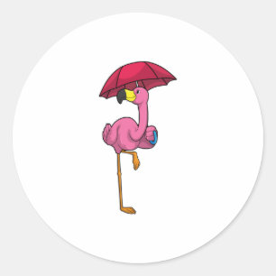 Flamingo at Raining with Umbrella Classic Round Sticker