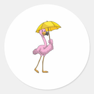 Flamingo at Raining with Umbrella Classic Round Sticker