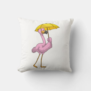 Flamingo at Raining with Umbrella Cushion