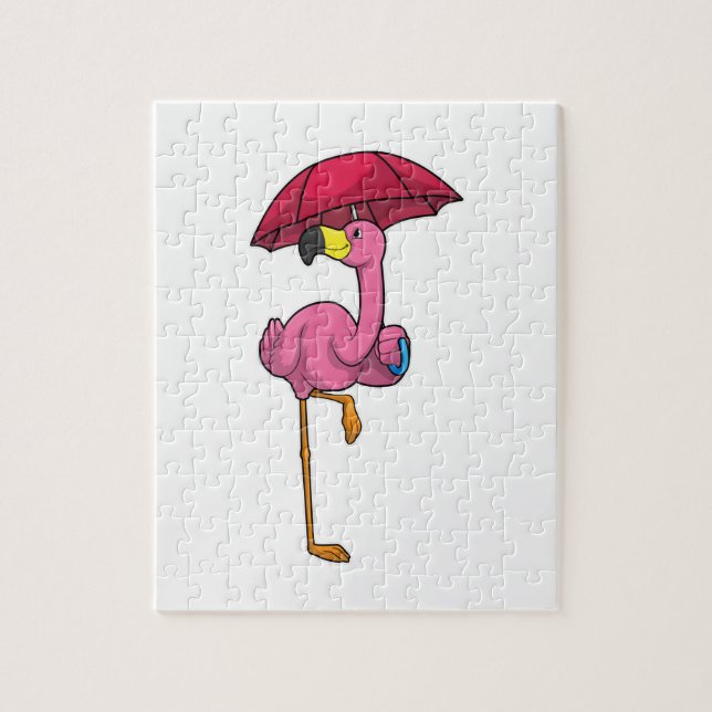 Flamingo at Raining with Umbrella Jigsaw Puzzle (Vertical)